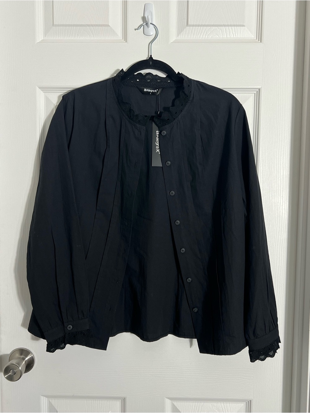 Allegra K | Black Lace Detail Button-Up | Long Sleeve | Size L | NWT